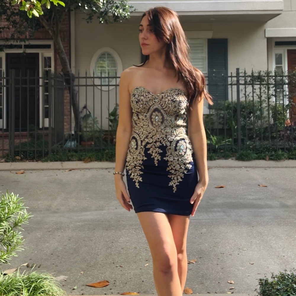 Dave & Johnny Strapless Navy Dress with Gold Detailing